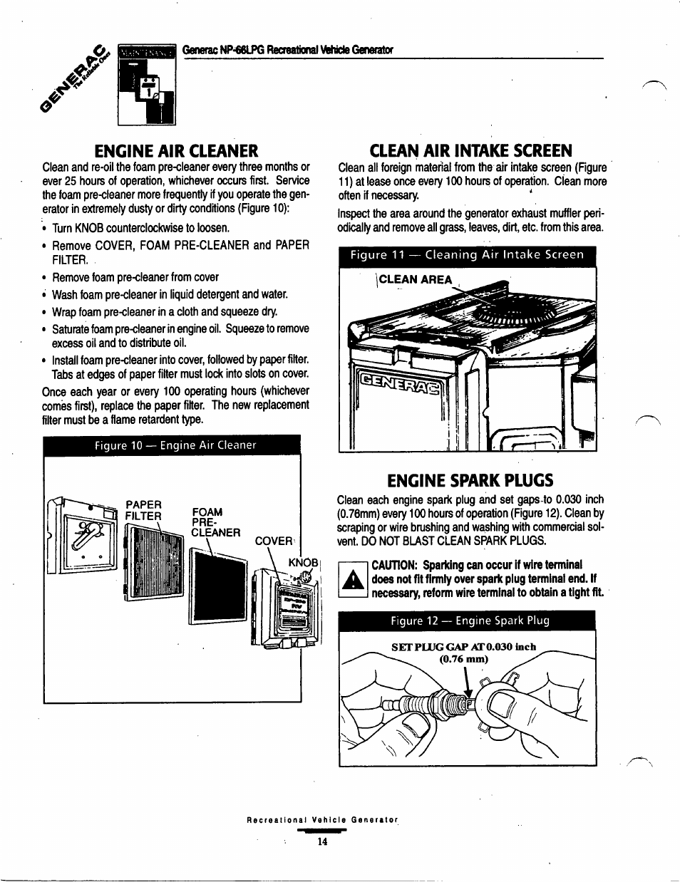 Engine air cleaner, Clean air intake screen, Engine spark plugs | Generac Power Systems Air-cooled Recreational Vehicle Generator 9734-3 User Manual | Page 14 / 32