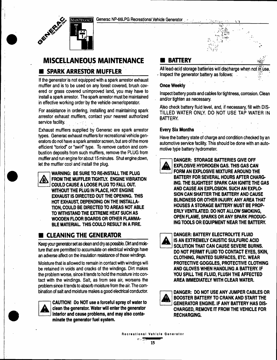 Miscellaneous maintenance | Generac Power Systems Air-cooled Recreational Vehicle Generator 9734-3 User Manual | Page 15 / 32