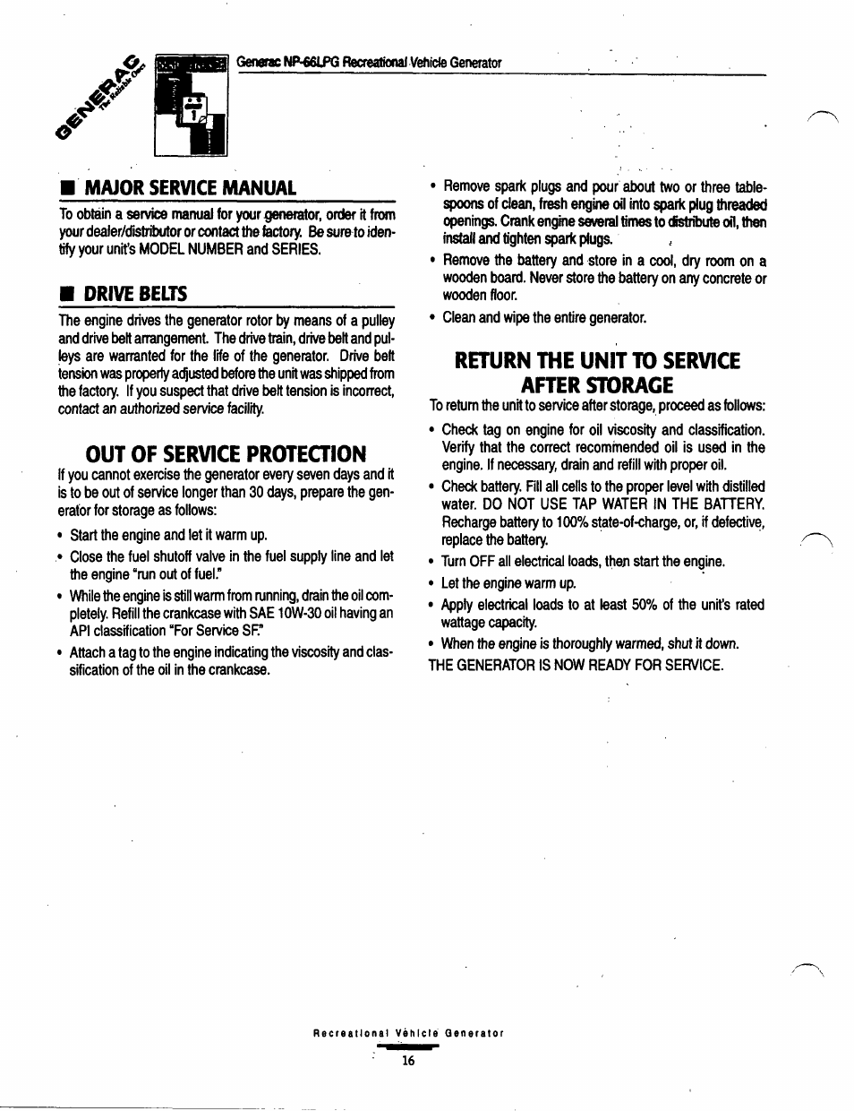 Out of service proteqion, Return the unit to service after storage, Out of service protection | Generac Power Systems Air-cooled Recreational Vehicle Generator 9734-3 User Manual | Page 16 / 32