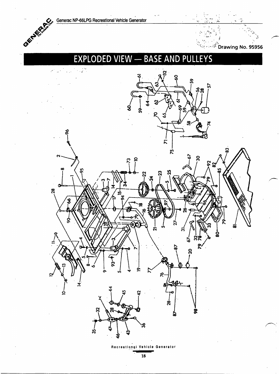 Exploded view - base and pulleys | Generac Power Systems Air-cooled Recreational Vehicle Generator 9734-3 User Manual | Page 18 / 32