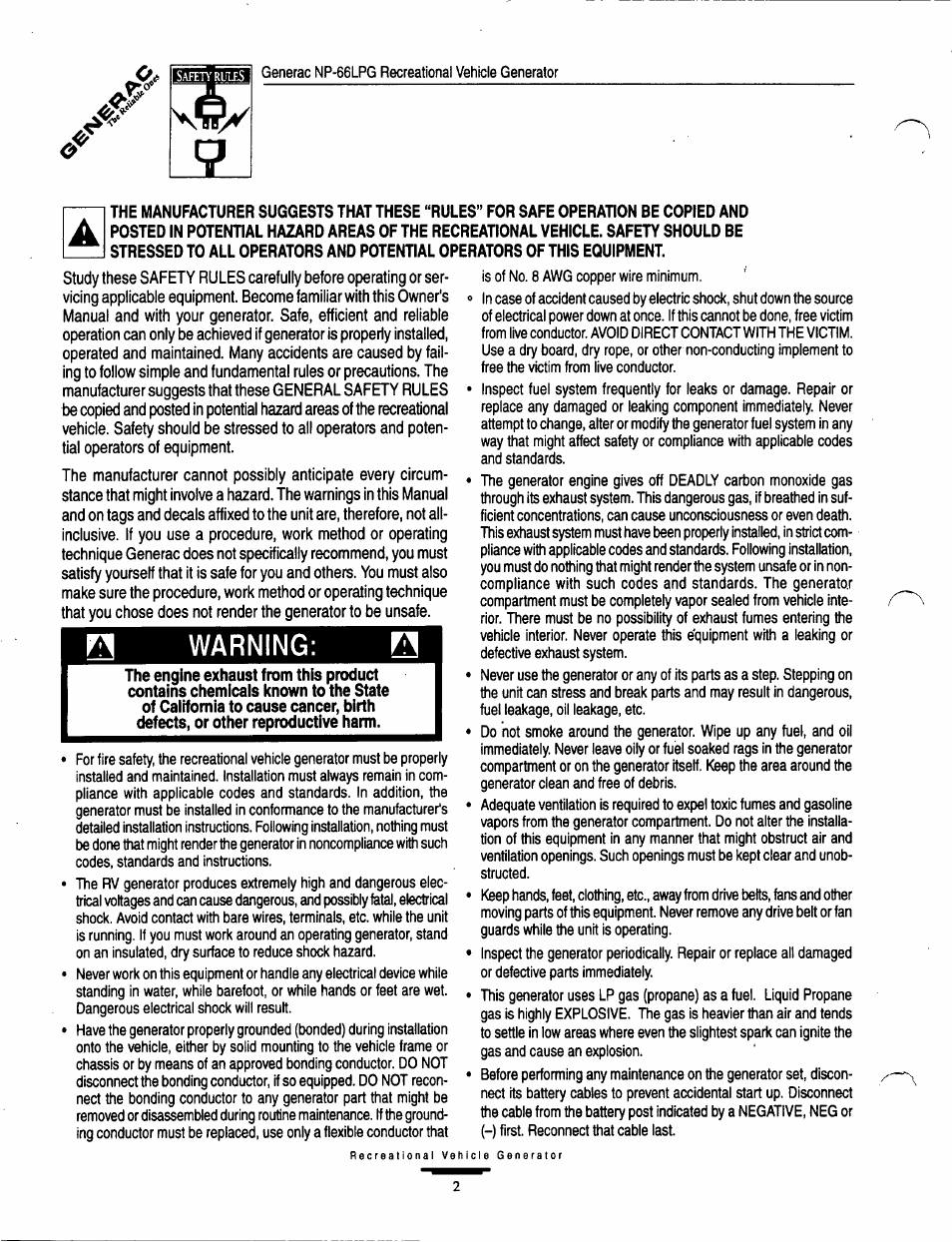 Warning | Generac Power Systems Air-cooled Recreational Vehicle Generator 9734-3 User Manual | Page 2 / 32