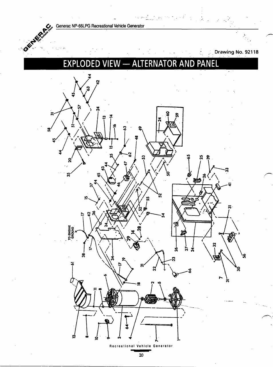 Exploded view - alternator and panel | Generac Power Systems Air-cooled Recreational Vehicle Generator 9734-3 User Manual | Page 20 / 32