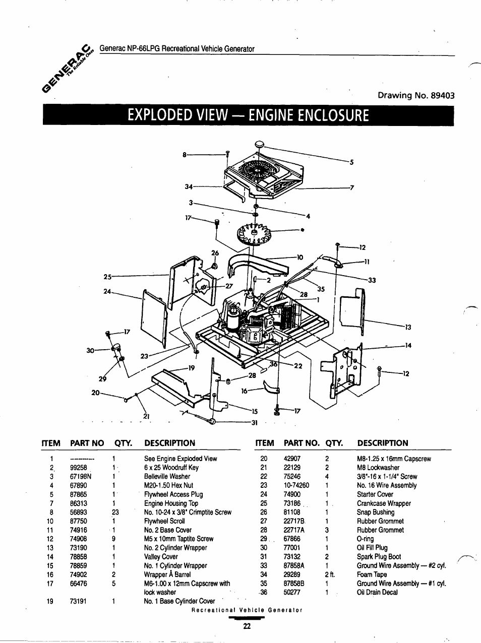 Exploded view - engine enclosure, Generac np-66lpg recreational vehicle generator | Generac Power Systems Air-cooled Recreational Vehicle Generator 9734-3 User Manual | Page 22 / 32