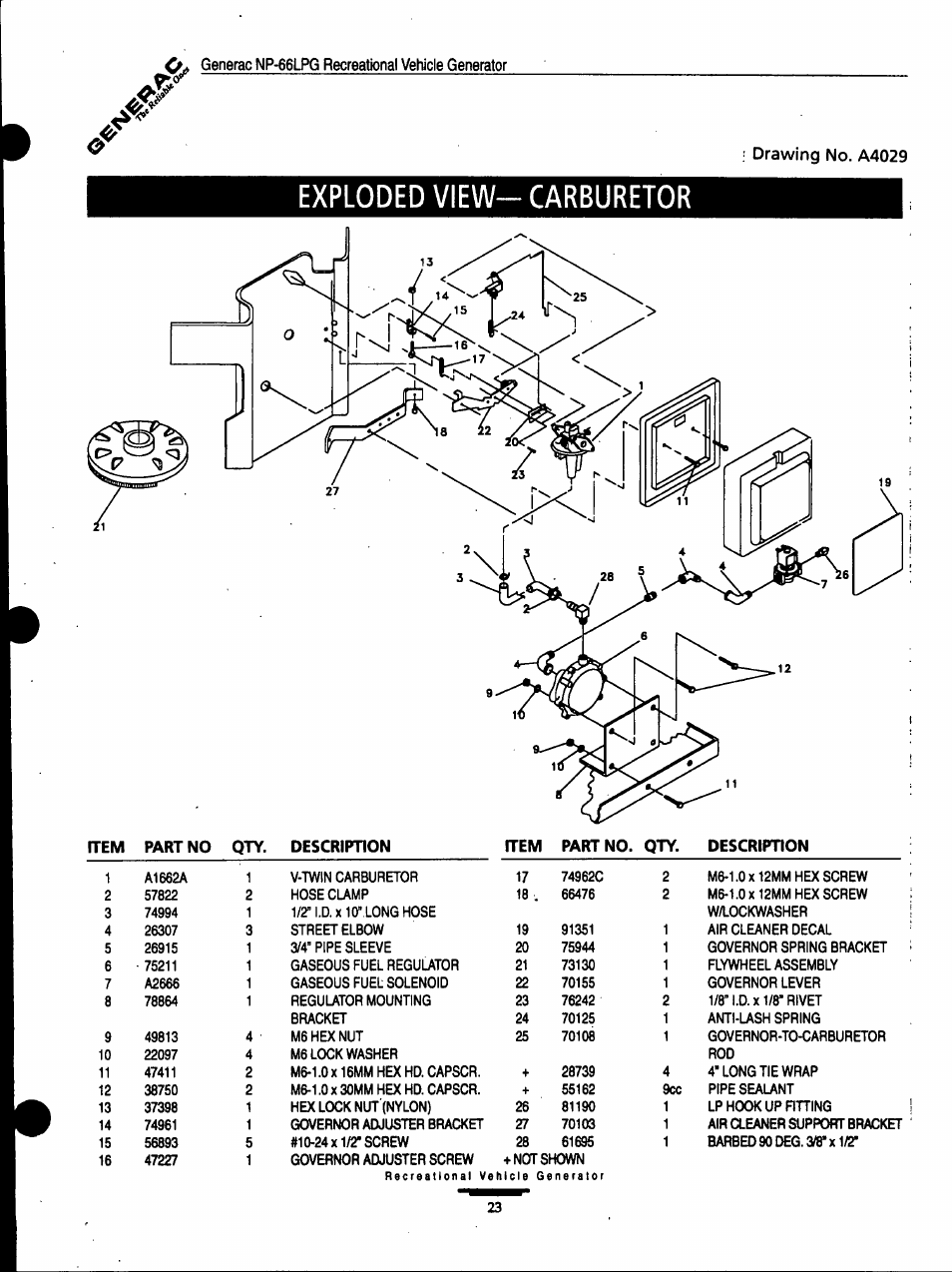 Exploded view- carburetor, Generac np-66lpg recreational vehicle generator | Generac Power Systems Air-cooled Recreational Vehicle Generator 9734-3 User Manual | Page 23 / 32