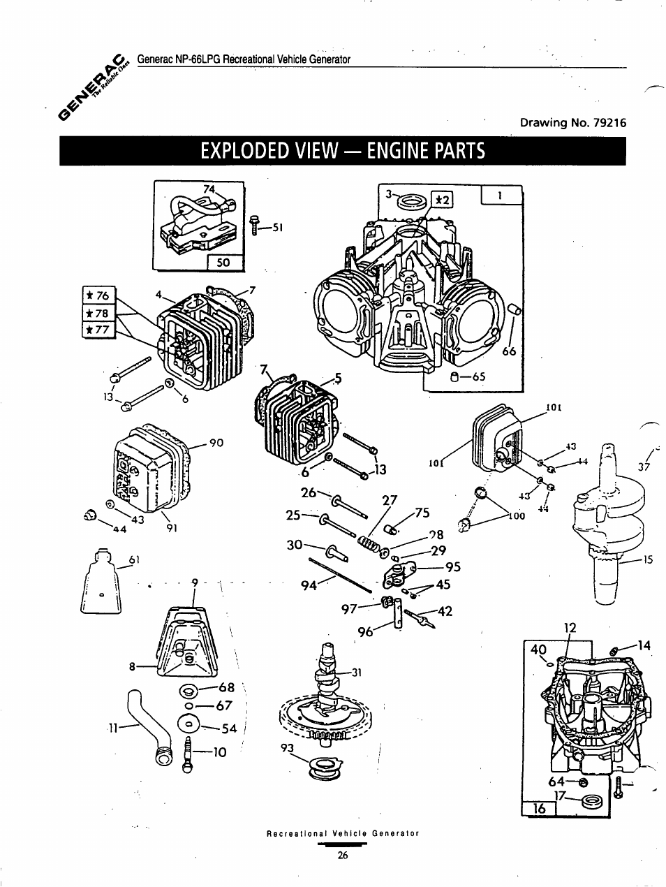 Exploded view - engine parts | Generac Power Systems Air-cooled Recreational Vehicle Generator 9734-3 User Manual | Page 26 / 32