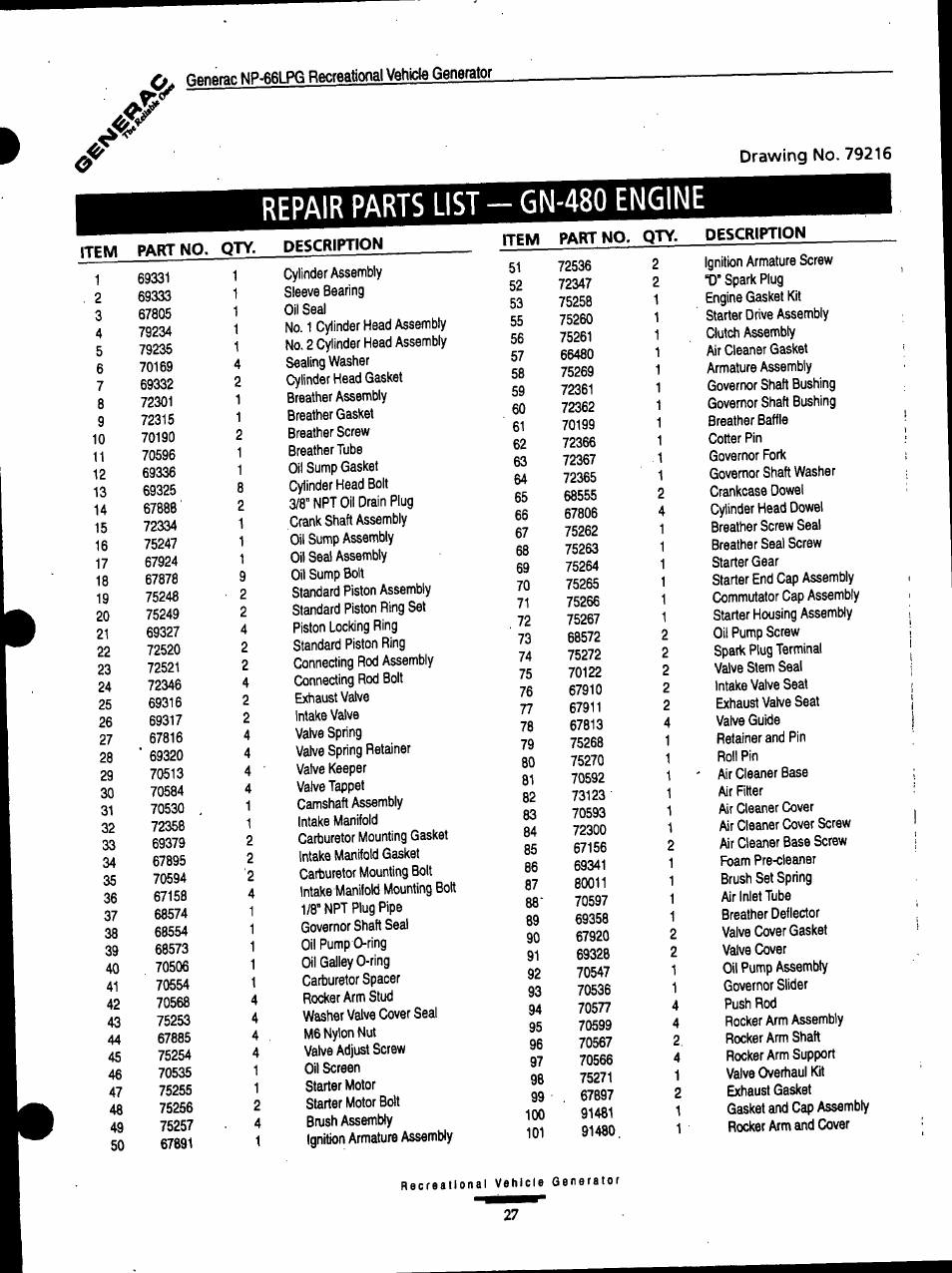 Repair parts list - 6n-480 engine | Generac Power Systems Air-cooled Recreational Vehicle Generator 9734-3 User Manual | Page 27 / 32