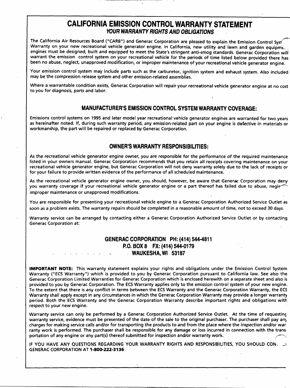 California emission control warranty statement | Generac Power Systems Air-cooled Recreational Vehicle Generator 9734-3 User Manual | Page 30 / 32