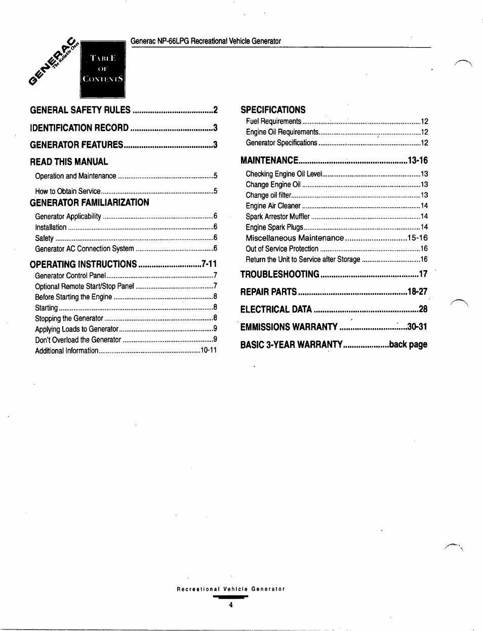 Generac Power Systems Air-cooled Recreational Vehicle Generator 9734-3 User Manual | Page 4 / 32