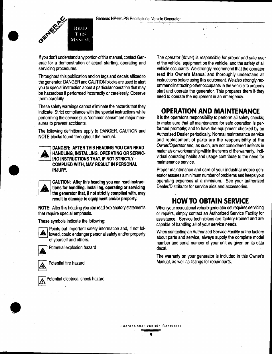 Operation and maintenance, How to obtain service | Generac Power Systems Air-cooled Recreational Vehicle Generator 9734-3 User Manual | Page 5 / 32