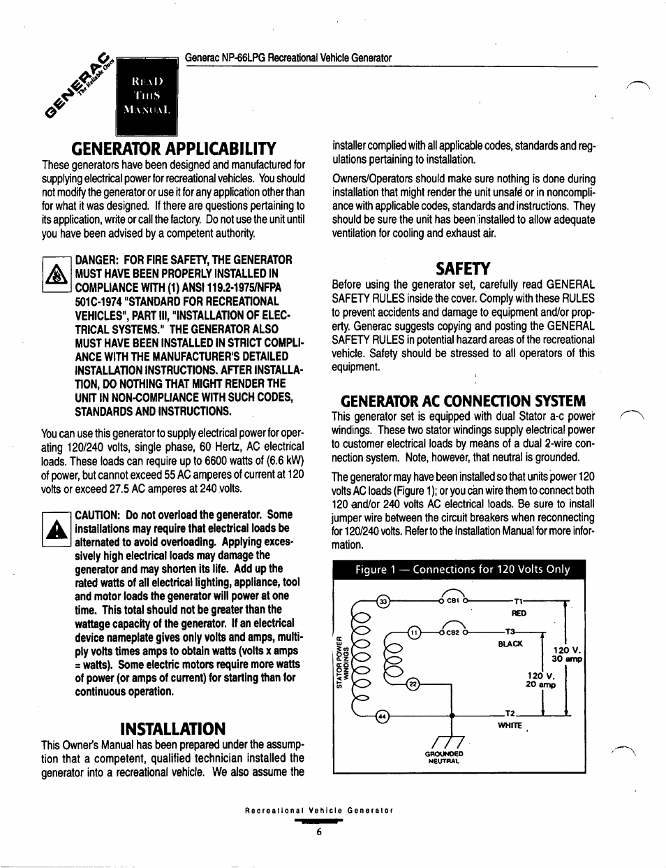 Generator applicability, Installation, Safety | Generator ac connection system | Generac Power Systems Air-cooled Recreational Vehicle Generator 9734-3 User Manual | Page 6 / 32