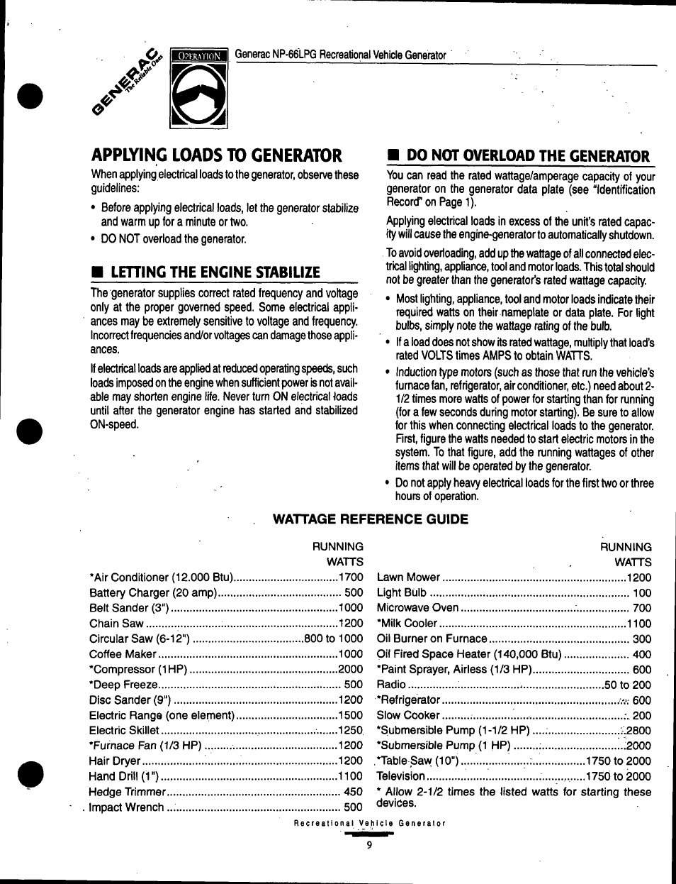 Applying loads to generator, Letting the engine stabilize, Do not overload the generator | Wattage reference guide | Generac Power Systems Air-cooled Recreational Vehicle Generator 9734-3 User Manual | Page 9 / 32