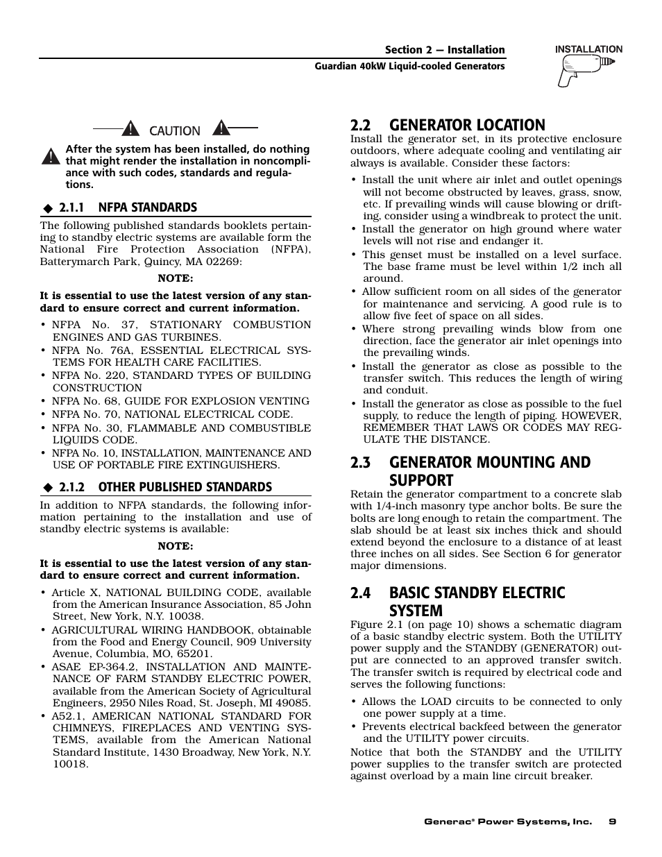 2 generator location, 3 generator mounting and support, 4 basic standby electric system | Generac Power Systems 004992-0 User Manual | Page 11 / 48