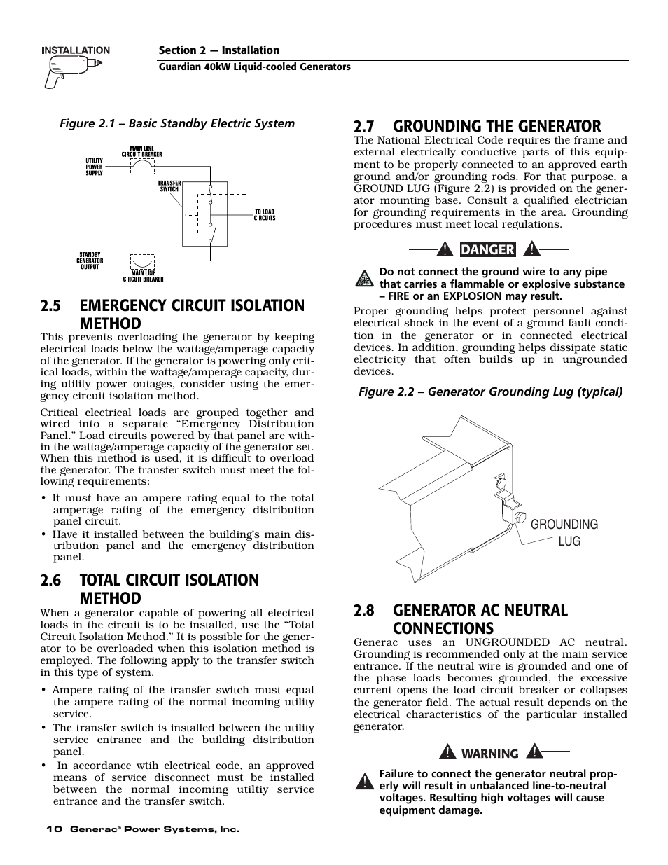 5 emergency circuit isolation method, 6 total circuit isolation method, 7 grounding the generator | 8 generator ac neutral connections | Generac Power Systems 004992-0 User Manual | Page 12 / 48