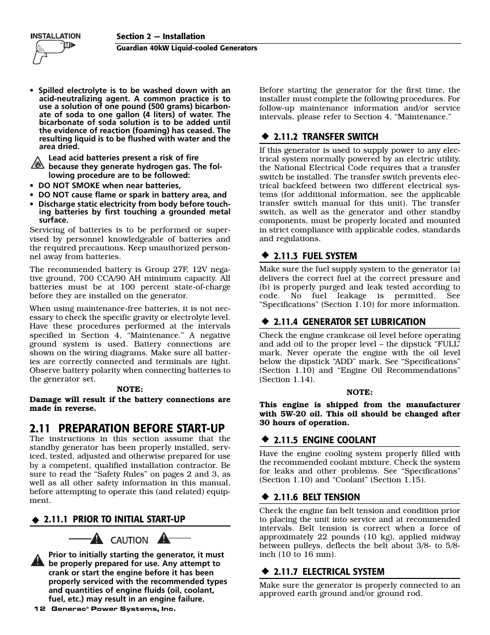 11 preparation before start-up | Generac Power Systems 004992-0 User Manual | Page 14 / 48