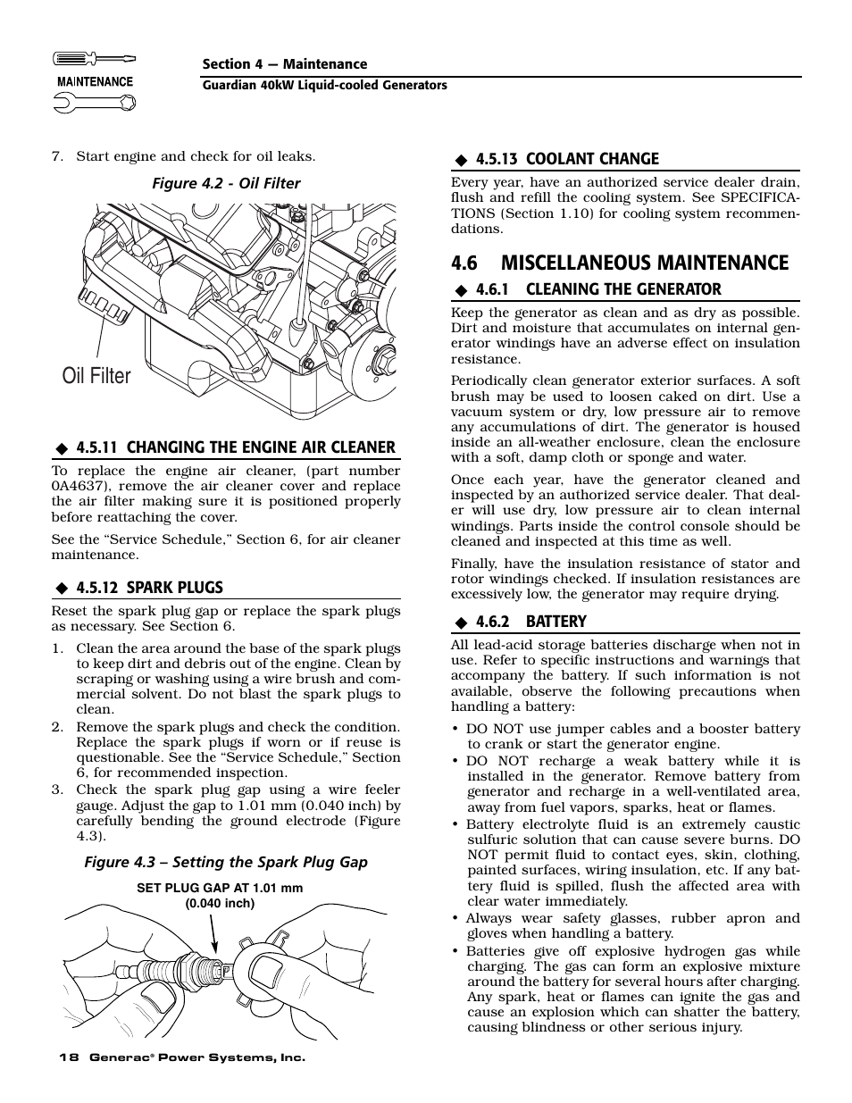 Oil filter, 6 miscellaneous maintenance | Generac Power Systems 004992-0 User Manual | Page 20 / 48
