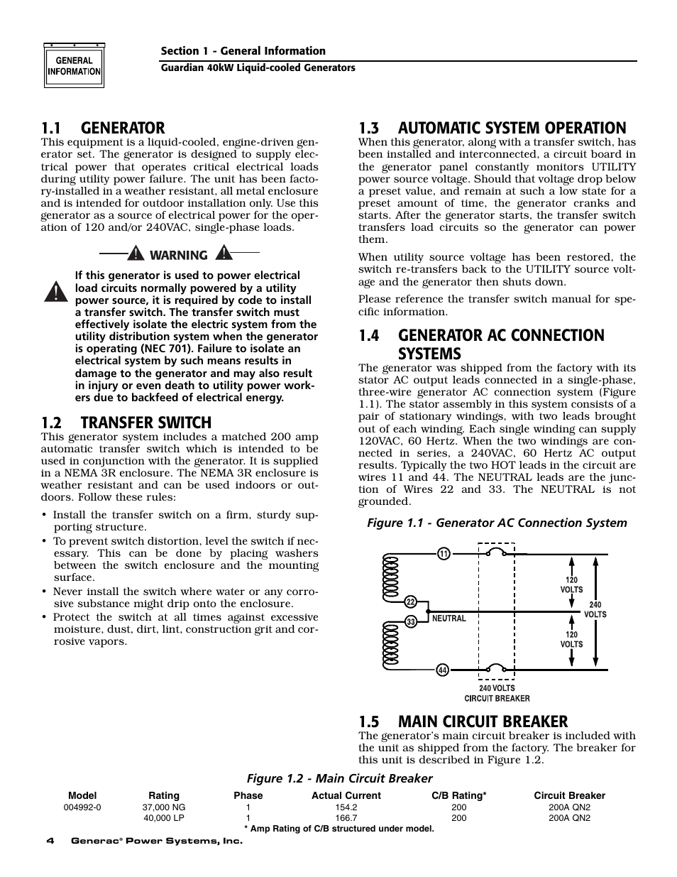 1 generator, 2 transfer switch, 3 automatic system operation | 4 generator ac connection systems, 5 main circuit breaker | Generac Power Systems 004992-0 User Manual | Page 6 / 48