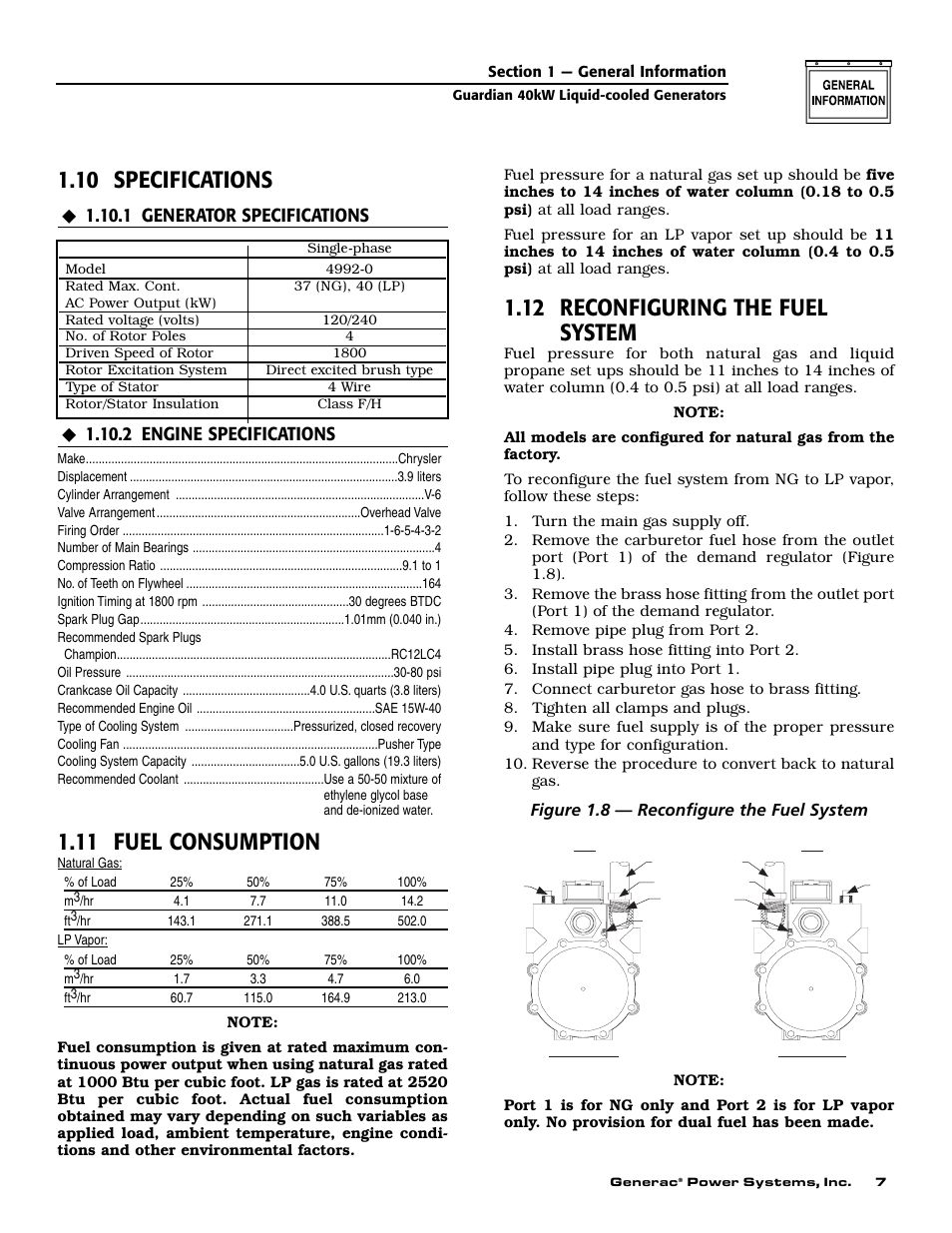 10 specifications, 11 fuel consumption, 12 reconfiguring the fuel system | Figure 1.8 — reconfigure the fuel system | Generac Power Systems 004992-0 User Manual | Page 9 / 48