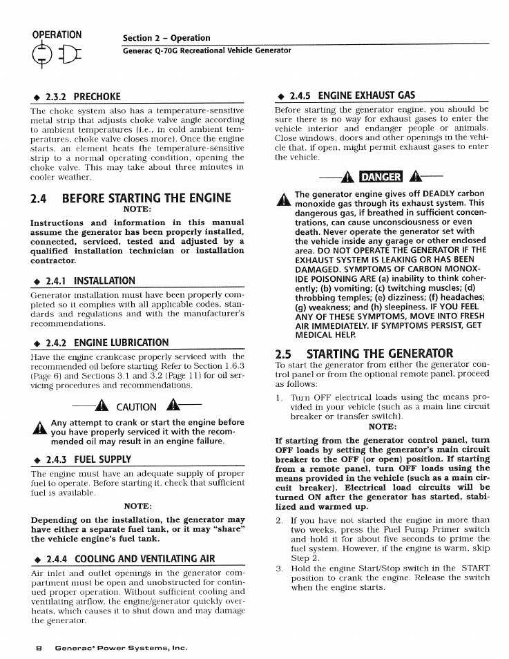 4 before starting the engine, 5 starting the generator, Before starting the engine | Starting the generator | Generac Power Systems 0784-1 User Manual | Page 10 / 32