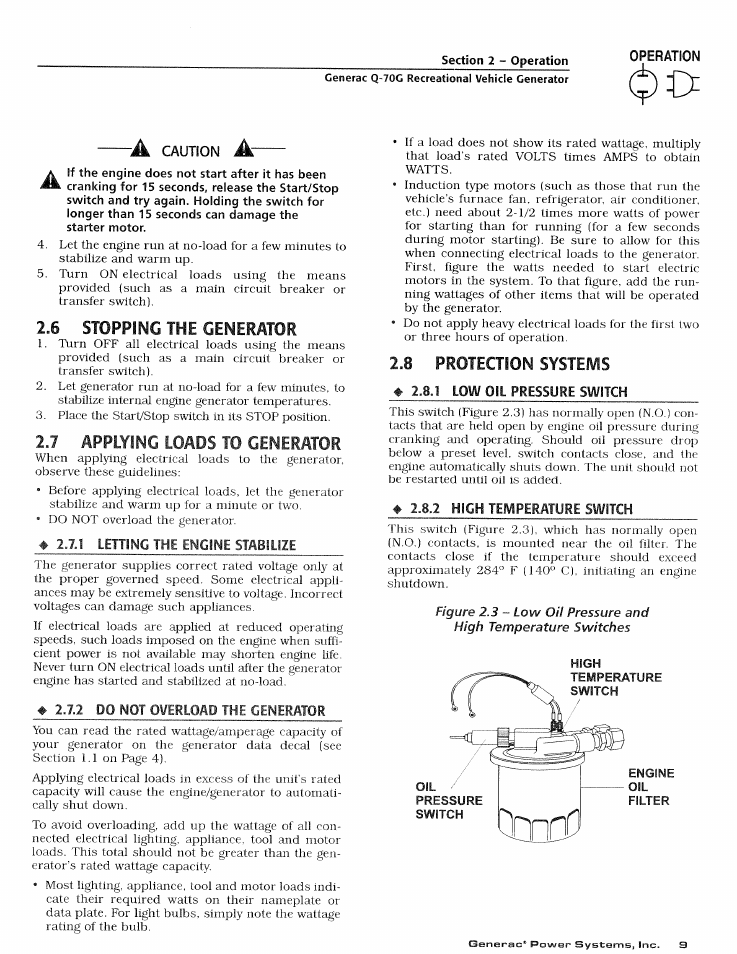 Generac q-70g recreational vehicle generator, 6 stopping the generator, 7 applying loads to generator | 8 protection systems, Stopping the generator, Applying loads to generator, Protection systems | Generac Power Systems 0784-1 User Manual | Page 11 / 32