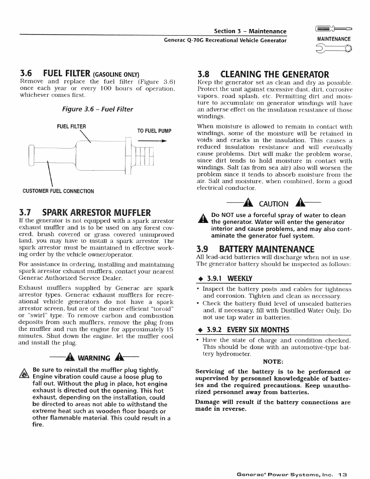 7 spark arrestor muffler, 8 cleaning the generator, 9 battery maintenance | Battery maintenance | Generac Power Systems 0784-1 User Manual | Page 15 / 32