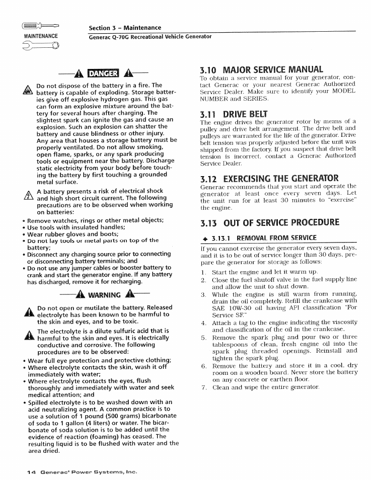 10 major service manual, 12 exercising the generator | Generac Power Systems 0784-1 User Manual | Page 16 / 32