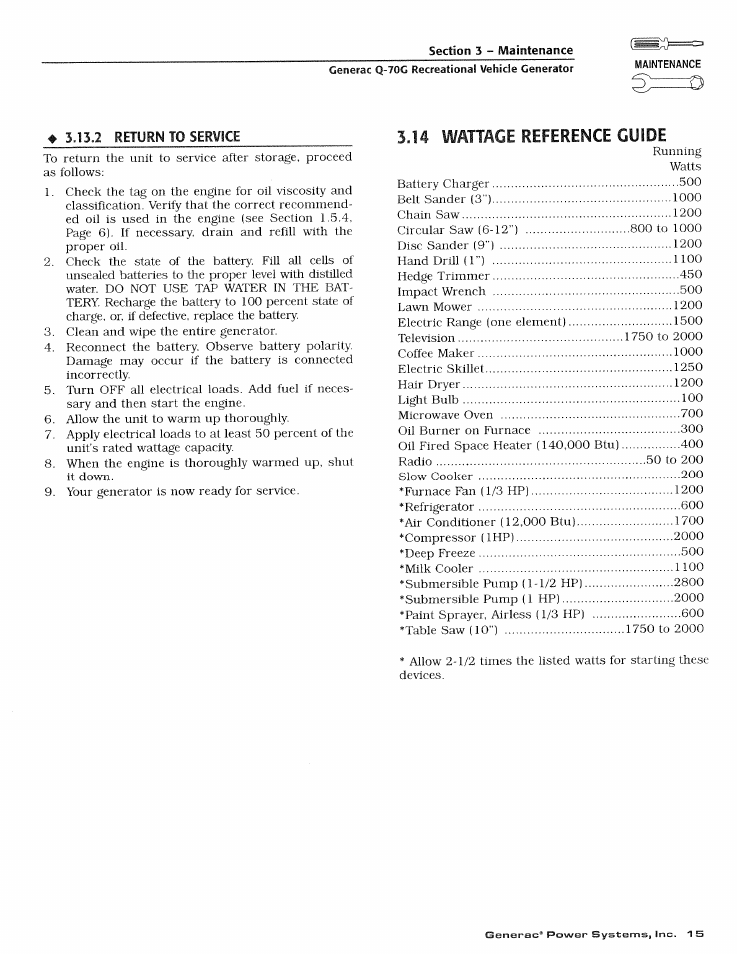 Cenerac q-70c recreational vehicle generator, 14 wattage reference guide | Generac Power Systems 0784-1 User Manual | Page 17 / 32