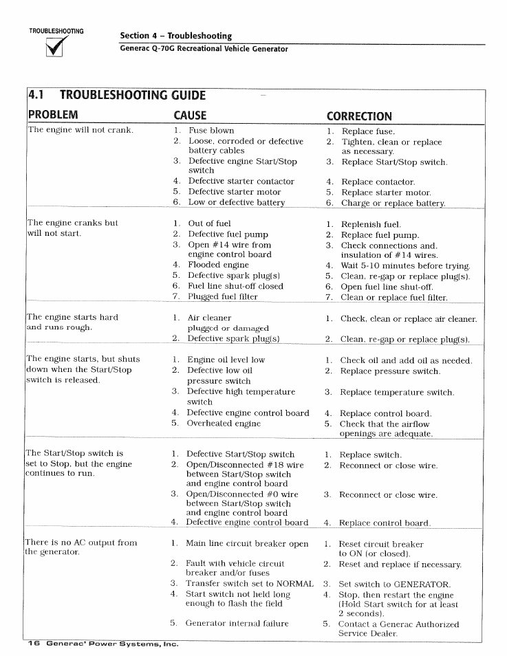 Generac q-70g recreational vehicle generator | Generac Power Systems 0784-1 User Manual | Page 18 / 32