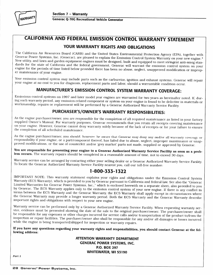 Your warranty rights and obligations, Purchaser's/owner's warranty responsibilities | Generac Power Systems 0784-1 User Manual | Page 30 / 32