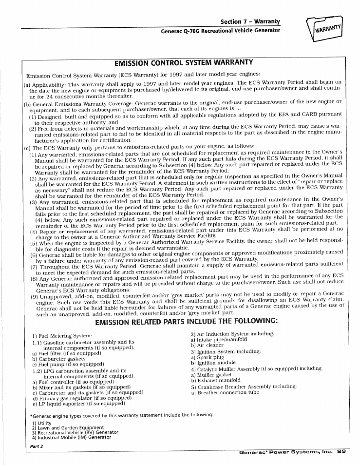 Emission control system warranty, Emission related parts include the following | Generac Power Systems 0784-1 User Manual | Page 31 / 32