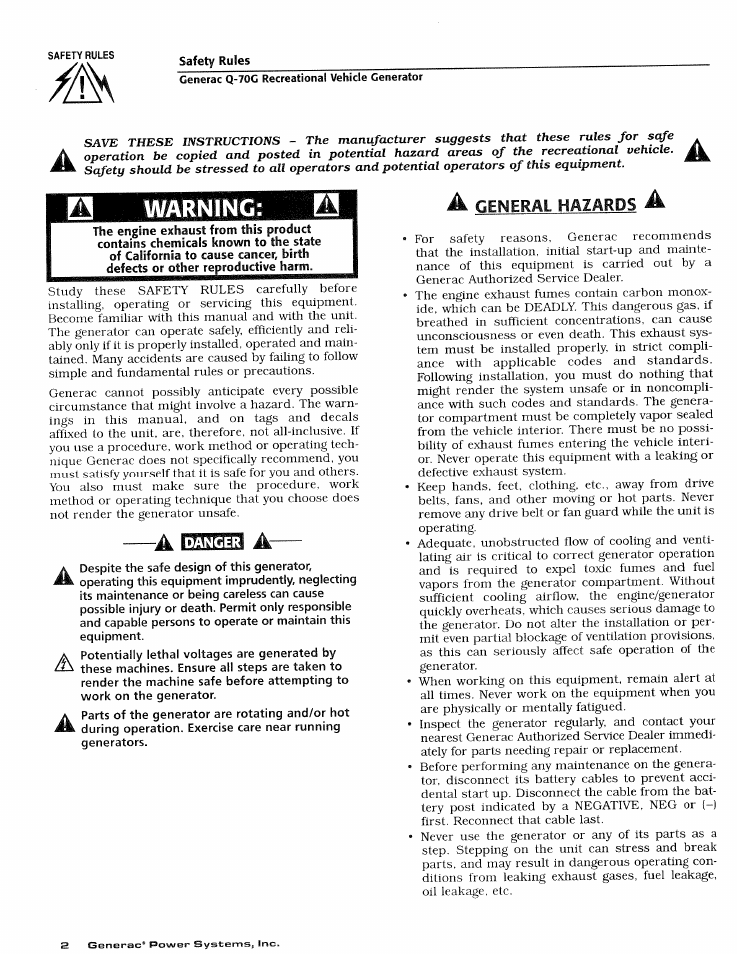 Warning | Generac Power Systems 0784-1 User Manual | Page 4 / 32