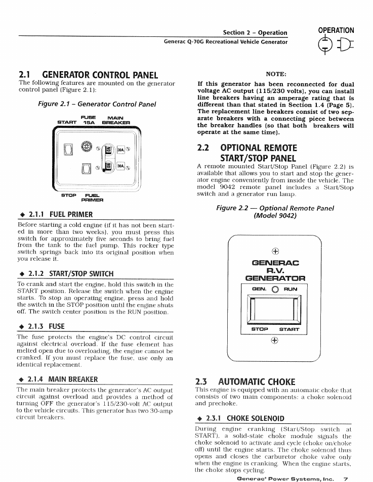 Generac q-70g recreational vehicle generator, 1 generator control panel, 1 fuel primer | 2 start/stop switch, 3 fuse, Note, 2 optional remote start/stop panel, 2 j autoivlatic choke, 1 choke solenoid, Generator control panel | Generac Power Systems 0784-1 User Manual | Page 9 / 32