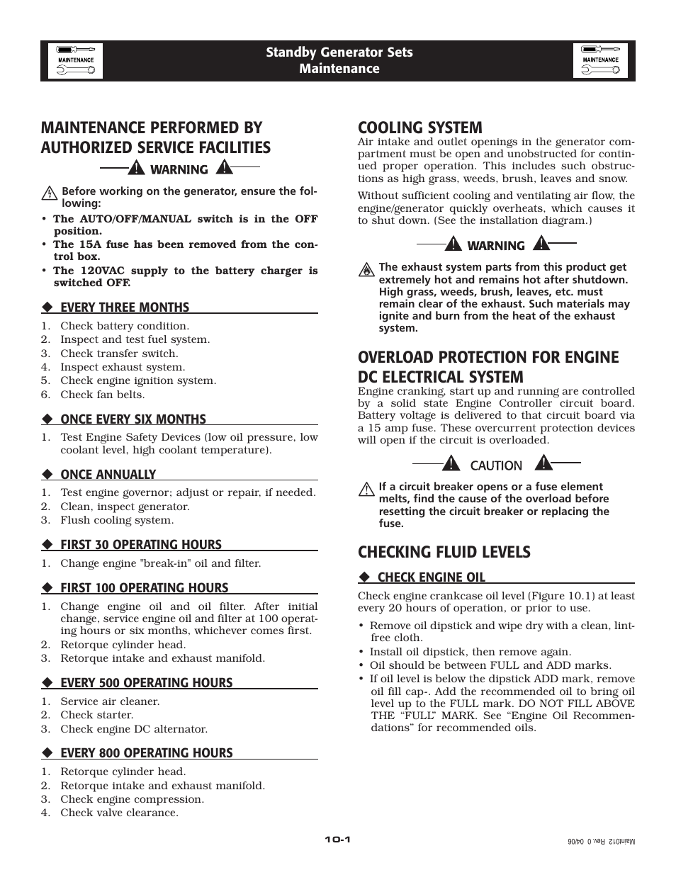 Cooling system, Checking fluid levels | Generac Power Systems 005259-1 User Manual | Page 16 / 68