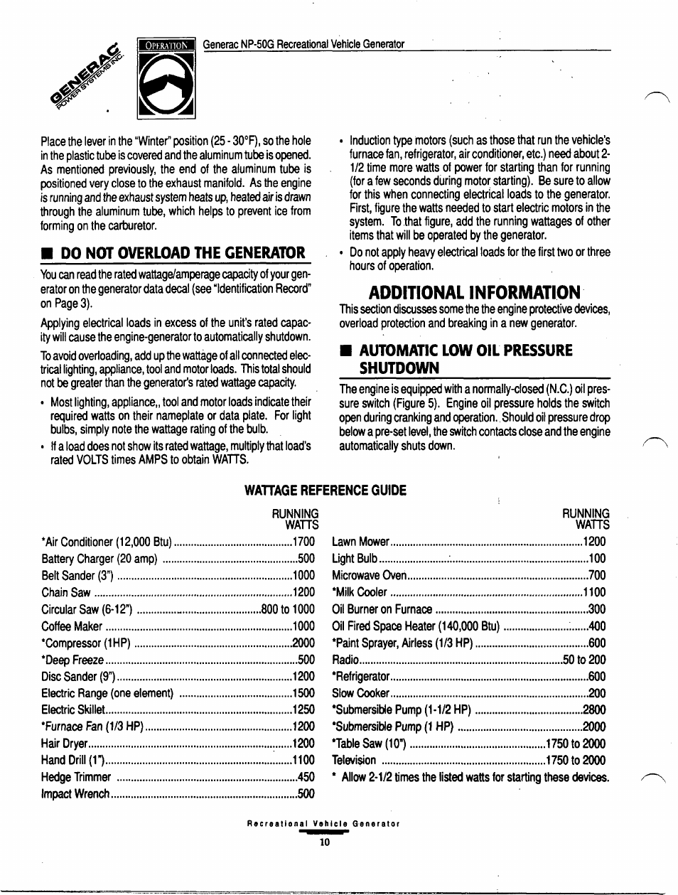Additional information, Additional information -12, Do not overload the generator | Automatic low oil pressure shutdown, Wahage reference guide, Generac np-50g recreational vehicle generator | Generac Power Systems 00916-1 User Manual | Page 10 / 32