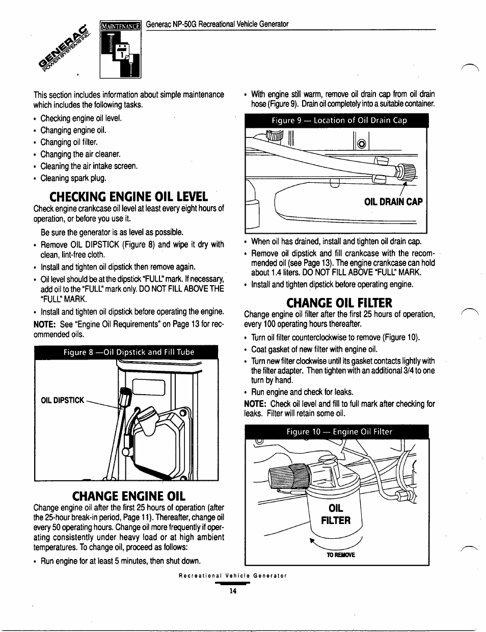 Checking engine oil level, Change engine oil, Change oil filter | Generac Power Systems 00916-1 User Manual | Page 14 / 32