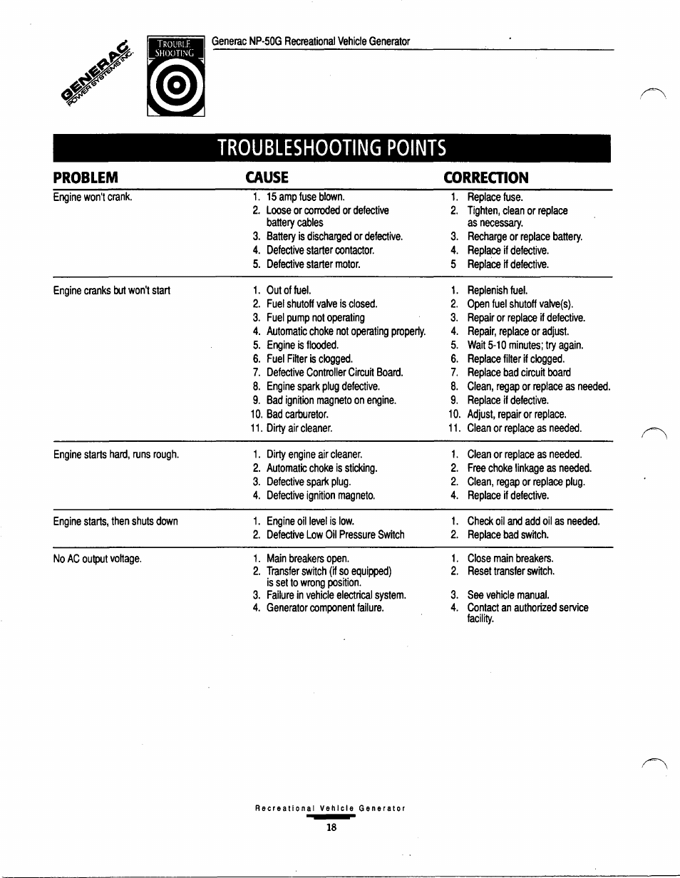 Troubleshooting points, Problem cause correction, Generac np-50g recreational vehicle generator | Generac Power Systems 00916-1 User Manual | Page 18 / 32