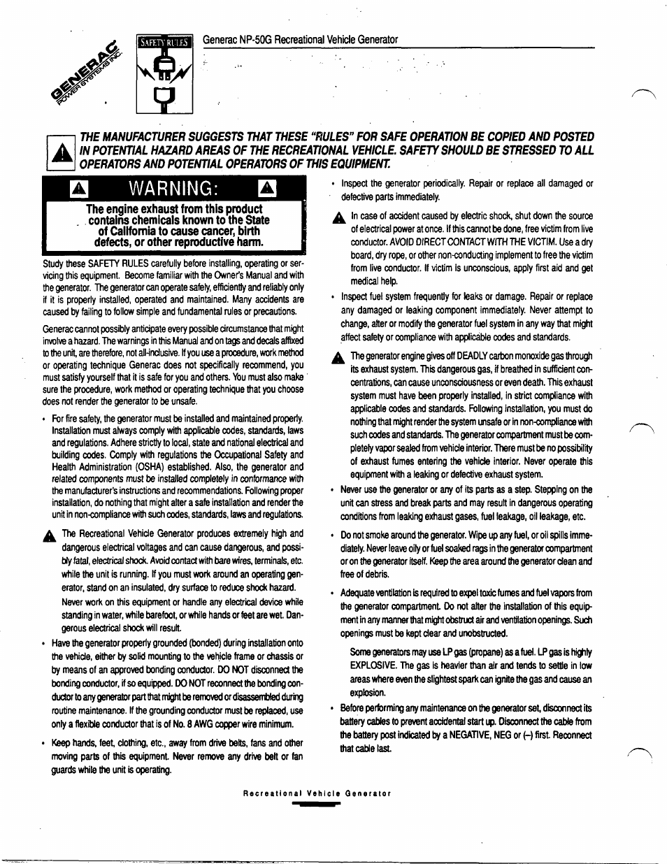 Warning, Generac np-50g recreational vehicle generator | Generac Power Systems 00916-1 User Manual | Page 2 / 32