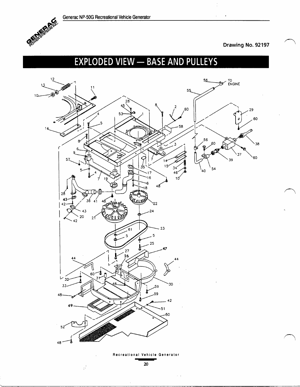 Exploded view - base and pulleys | Generac Power Systems 00916-1 User Manual | Page 20 / 32