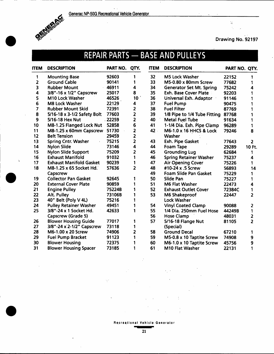 Repair parts base and pulleys | Generac Power Systems 00916-1 User Manual | Page 21 / 32