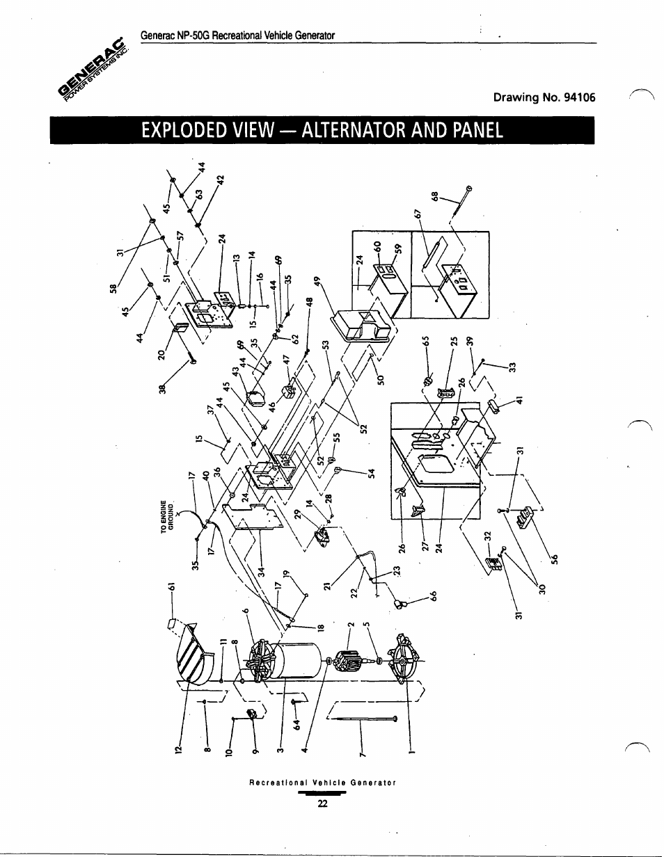 Exploded view - alternator and panel | Generac Power Systems 00916-1 User Manual | Page 22 / 32