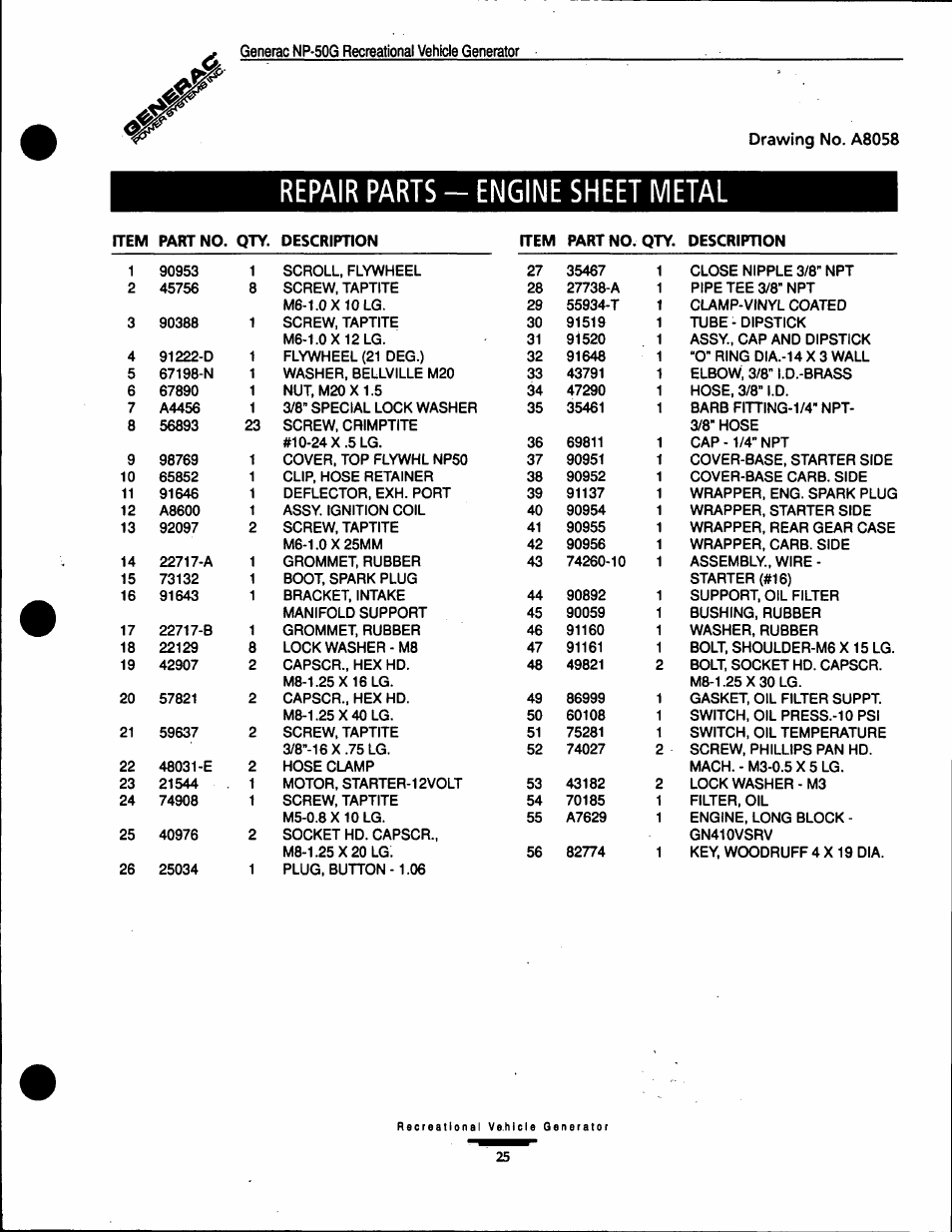 Repair parts - engine sheet metal | Generac Power Systems 00916-1 User Manual | Page 25 / 32