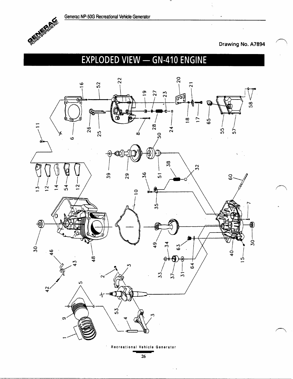 Exploded view - gn-410 engine | Generac Power Systems 00916-1 User Manual | Page 26 / 32