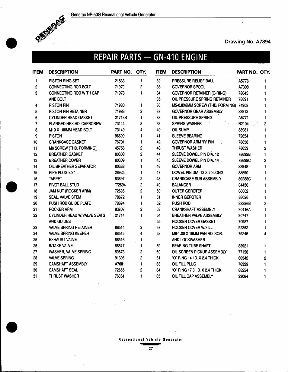 Repair parts-gn-410 engine, Generac np-50g recreational vehicle generator | Generac Power Systems 00916-1 User Manual | Page 27 / 32