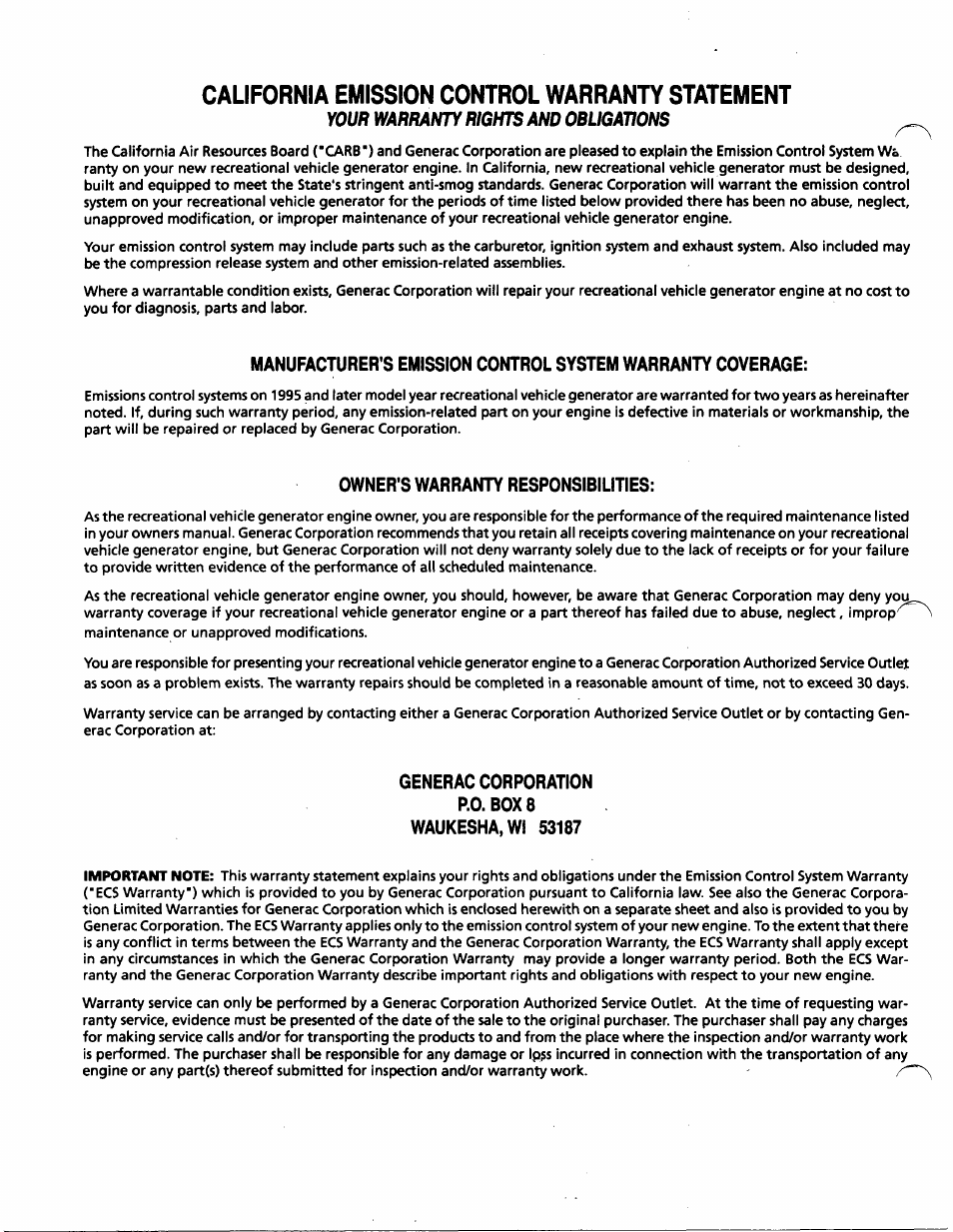 California emission control warranty statement, Owner's warranty responsibilities | Generac Power Systems 00916-1 User Manual | Page 30 / 32