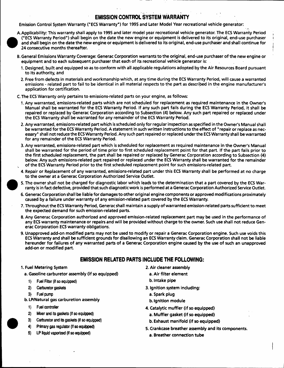 Emission control system warranty, Emission related parts include the following | Generac Power Systems 00916-1 User Manual | Page 31 / 32