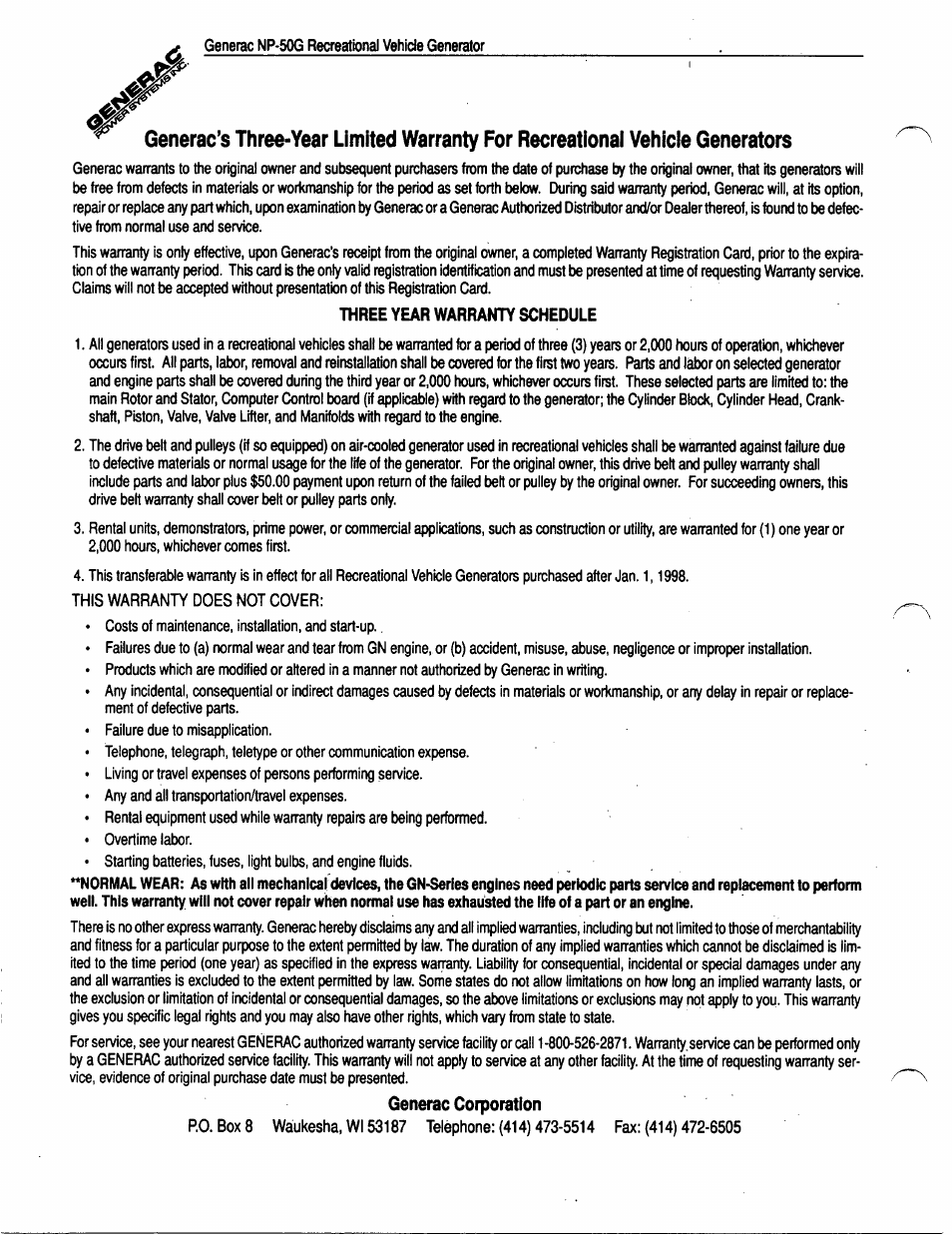 Three year warranty schedule, Generac corporation | Generac Power Systems 00916-1 User Manual | Page 32 / 32