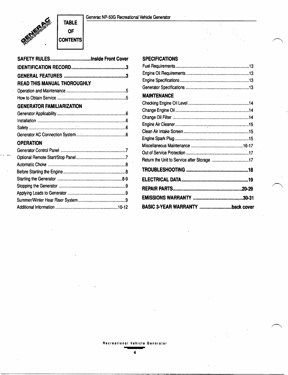 Generator familiarization, Operation, Specifications | Maintenance | Generac Power Systems 00916-1 User Manual | Page 4 / 32
