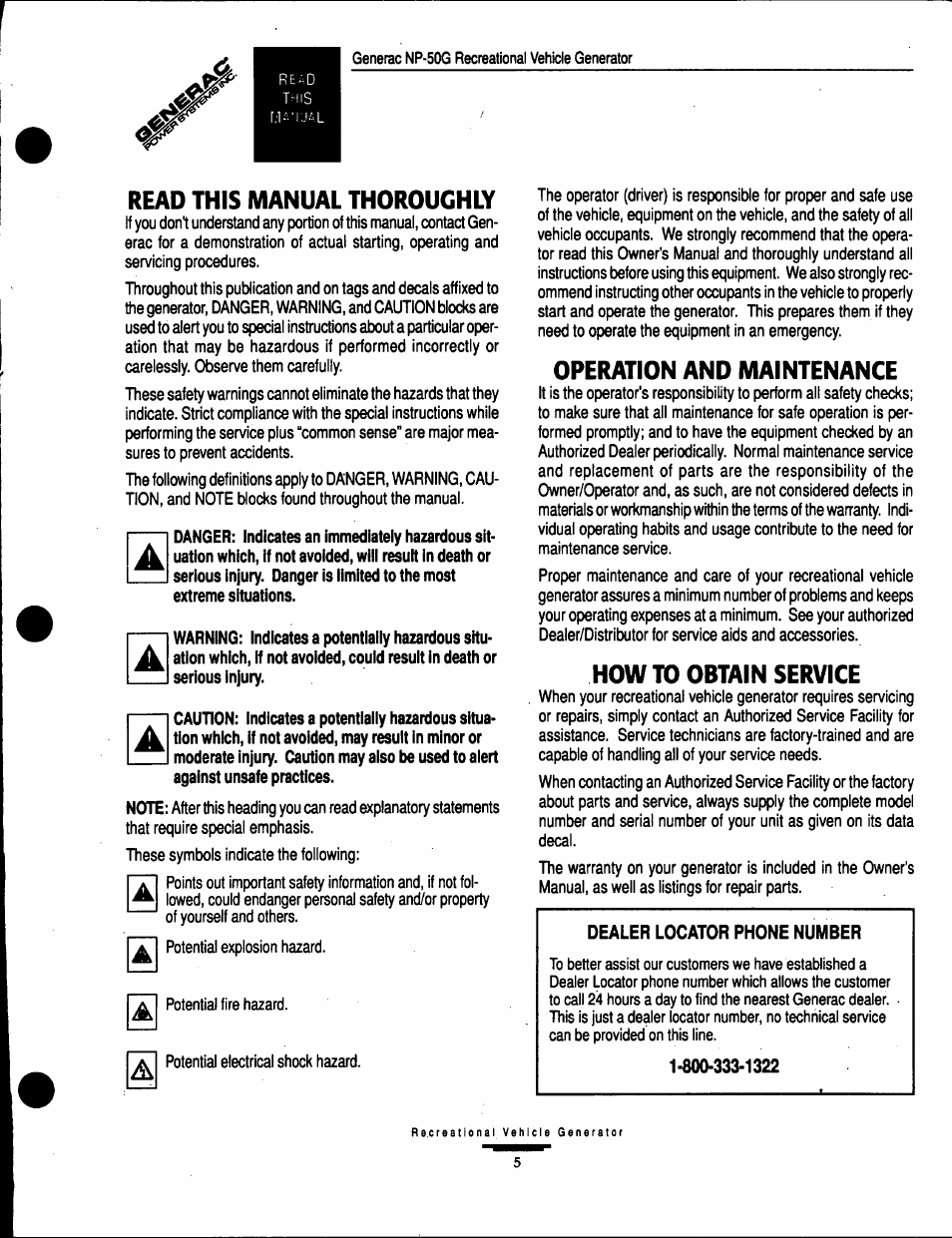 Read this manual thoroughly, Operation and maintenance, How to obtain service | This, Dealer locator phone number | Generac Power Systems 00916-1 User Manual | Page 5 / 32