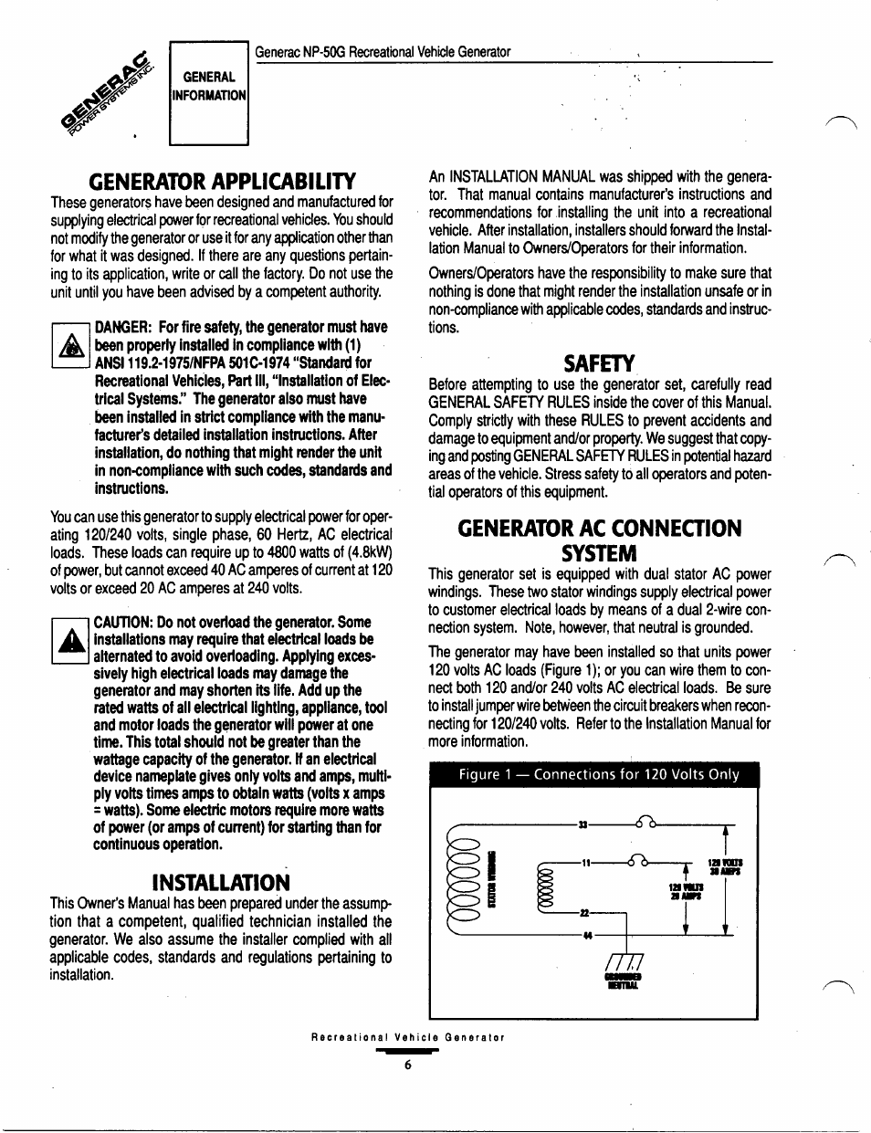 Generator appucability, Installation, Safety | Generator ac connection system, Generator applicability | Generac Power Systems 00916-1 User Manual | Page 6 / 32