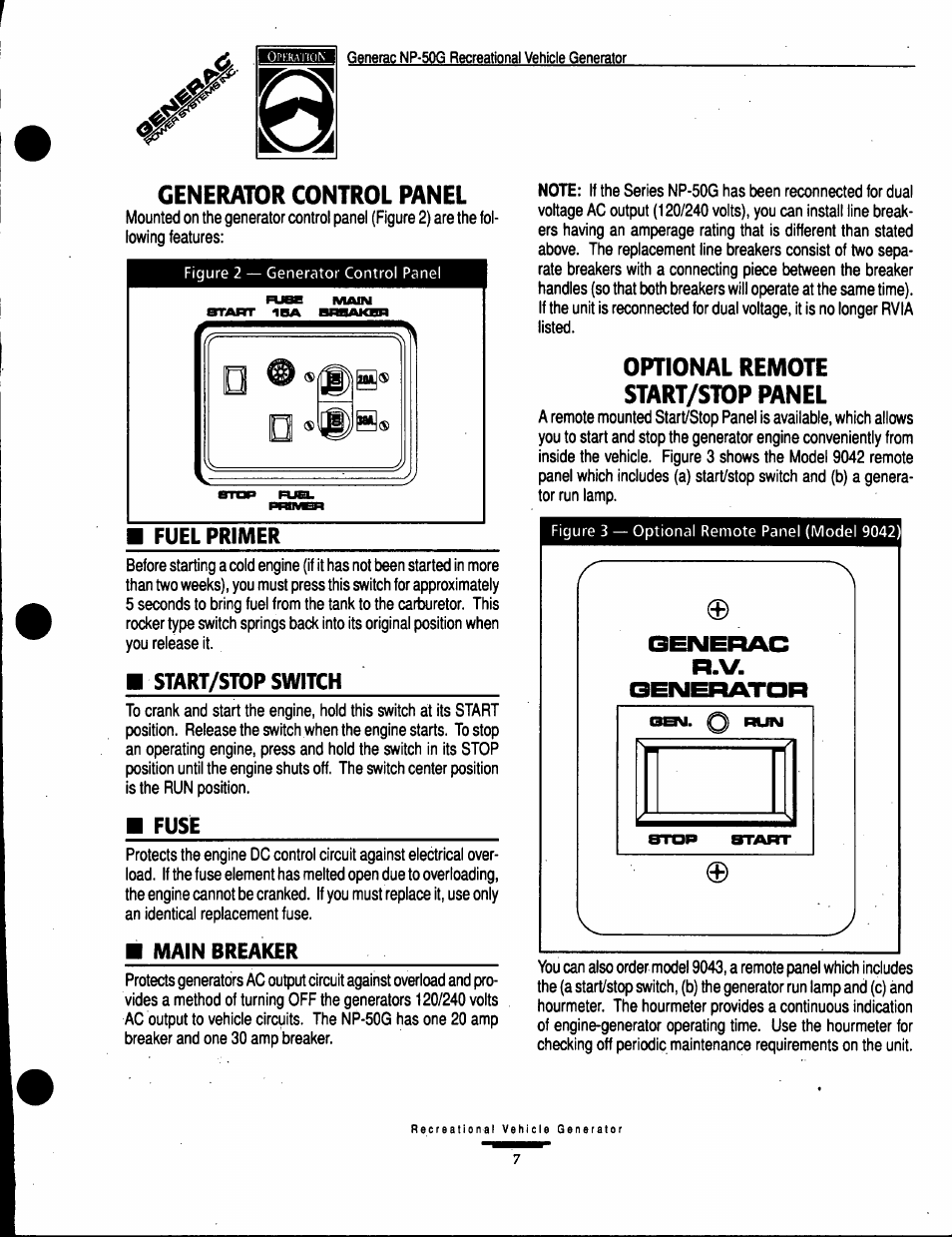 Generator control panel, Fuel primer, Start/stop switch | Fuse, Iviain breaker, Optional remote start/stop panel | Generac Power Systems 00916-1 User Manual | Page 7 / 32