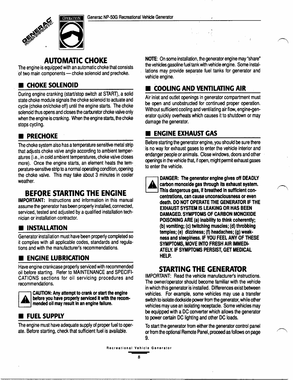Automatic choke, Before starting the engine, Starting the generator | Choke solenoid, Prechoke, Important, Installation, Engine lubrication, Cooling and ventilating air, Engine exhaust cas | Generac Power Systems 00916-1 User Manual | Page 8 / 32